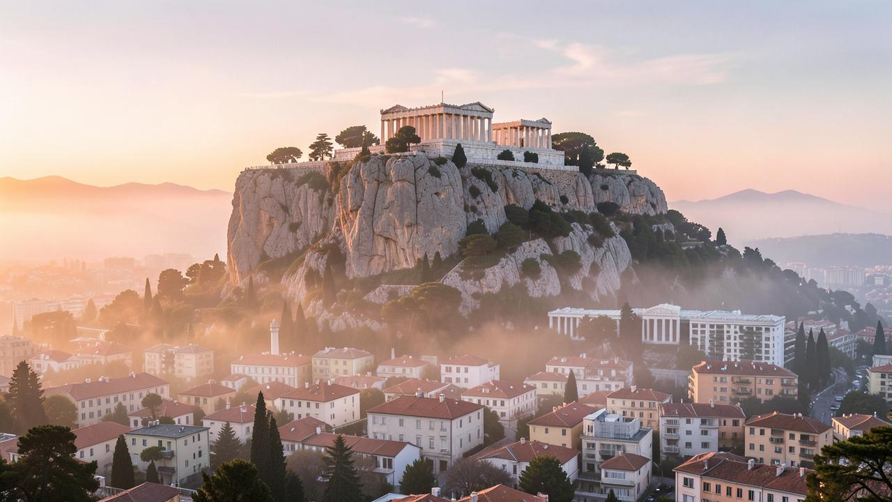 L'Acropole d'Athènes à l'aube — reconstitution artistique