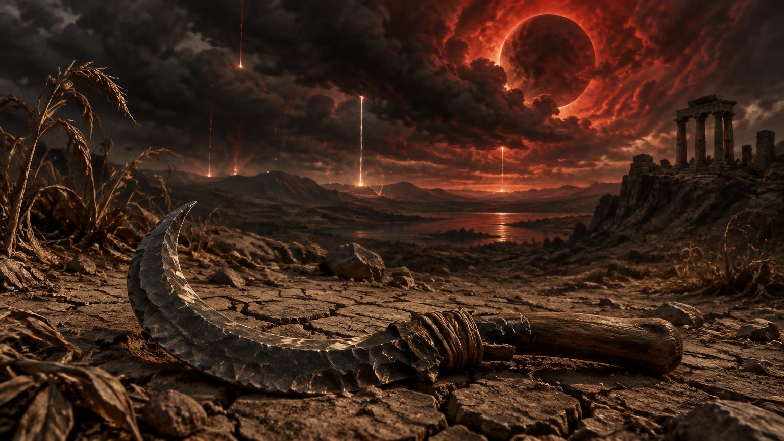 Serpe de pierre posée sur une terre craquelée sous un ciel rouge — reconstitution artistique